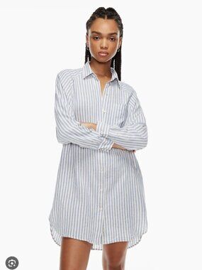 Wilfred Free Aritzia Boyfriend Linen Oversized Blue & White Striped Shirt Dress